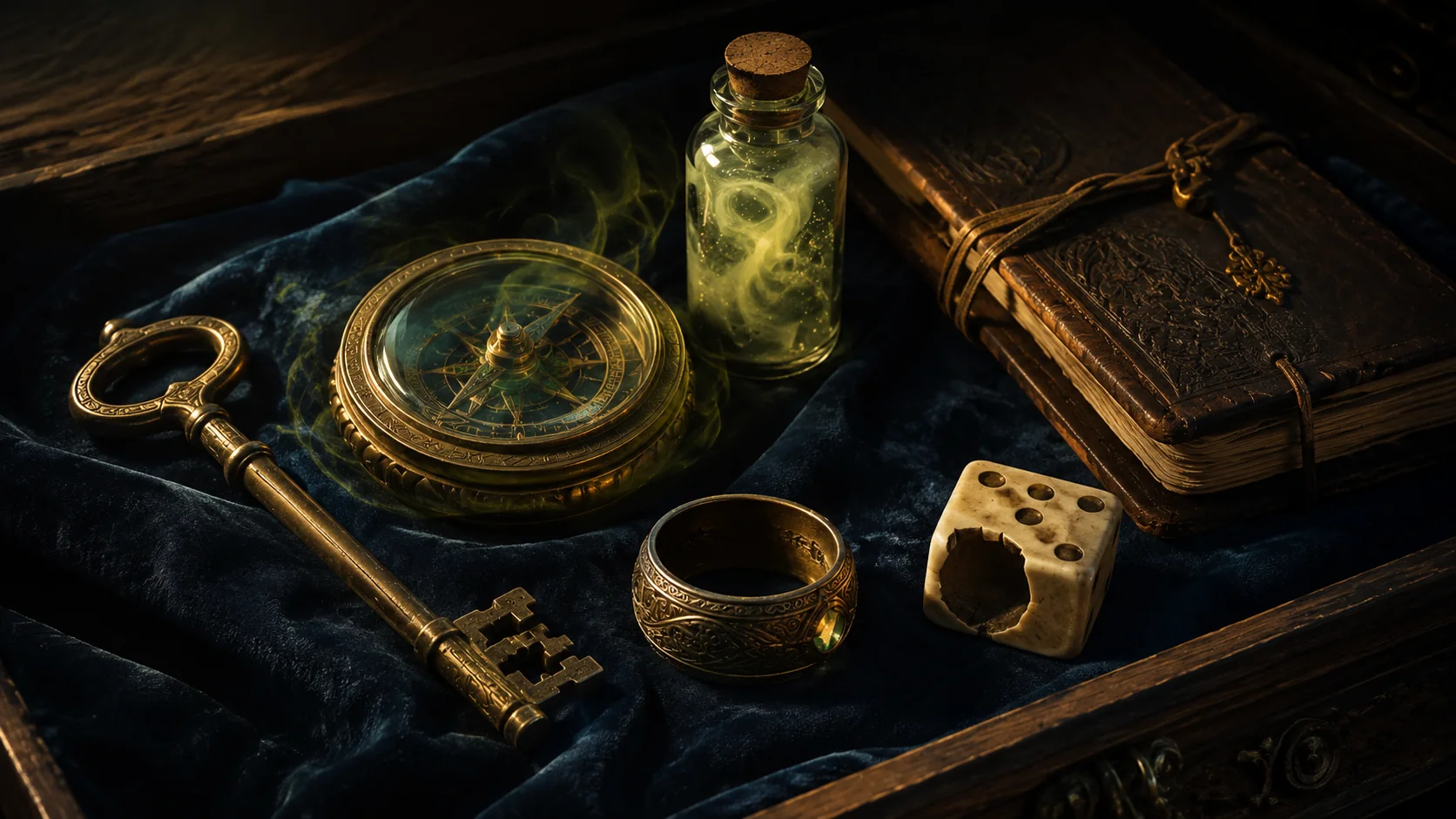 Objets magiques sur un tissu sombre : clé, boussole, fiole, anneau, dé et grimoire.