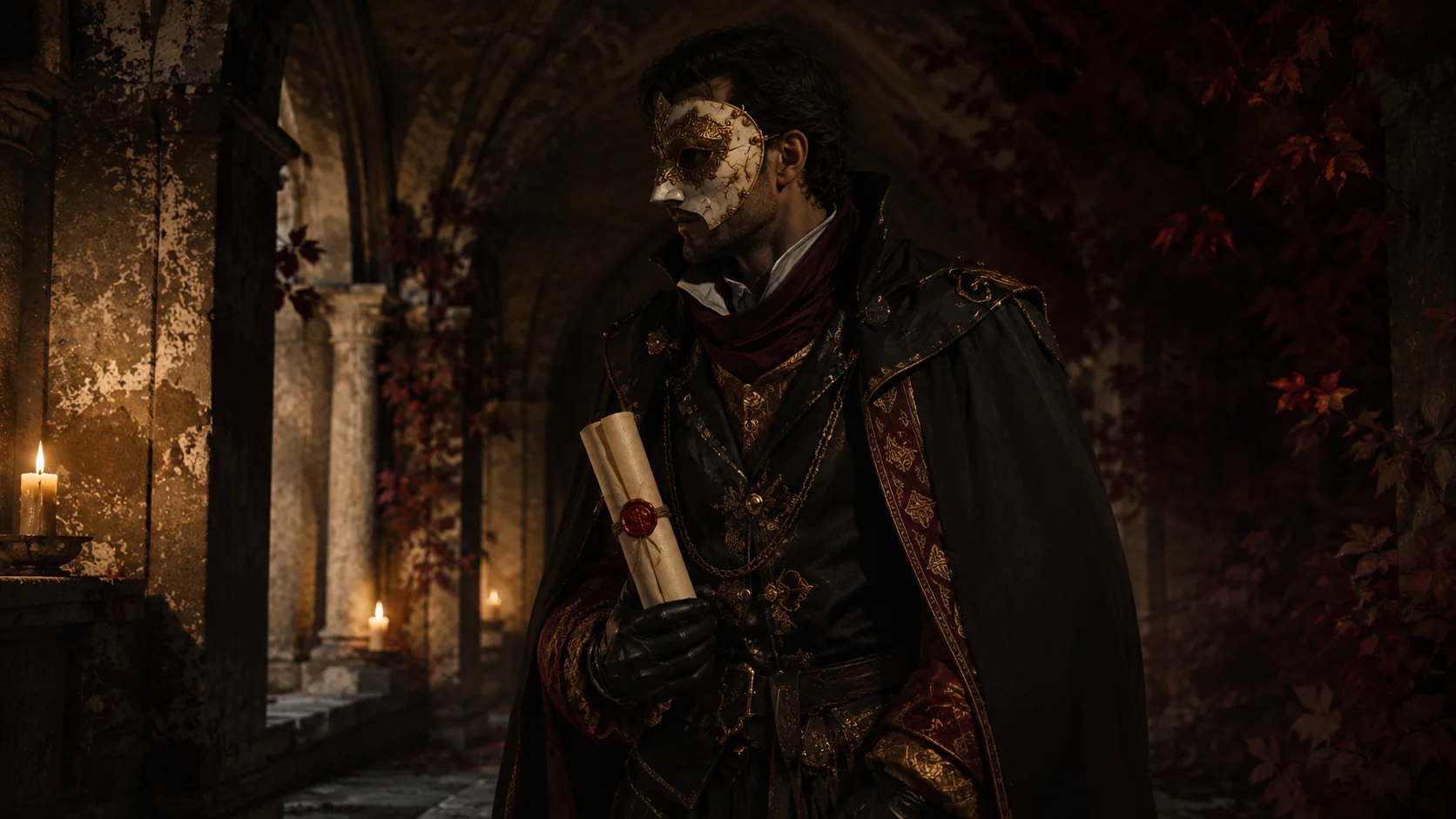 Personnage fantasy masqué tenant un parchemin sous des arches sombres.
