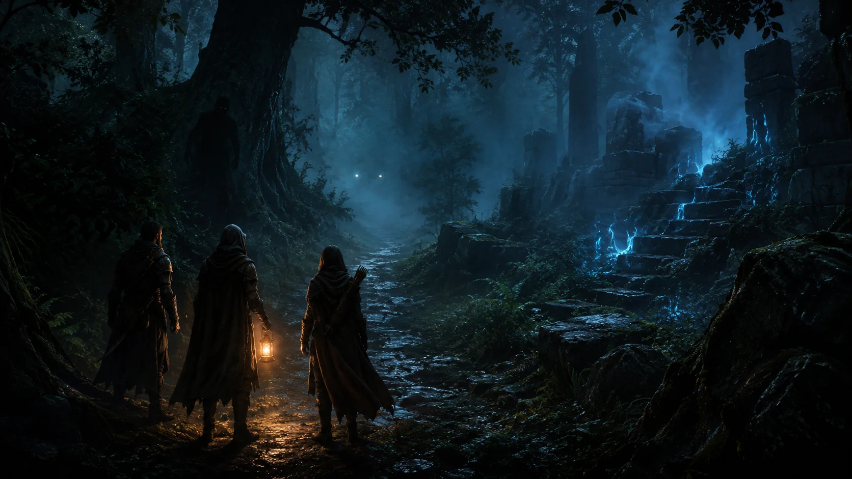 Aventuriers sur un chemin forestier brumeux face à des présences inquiétantes.
