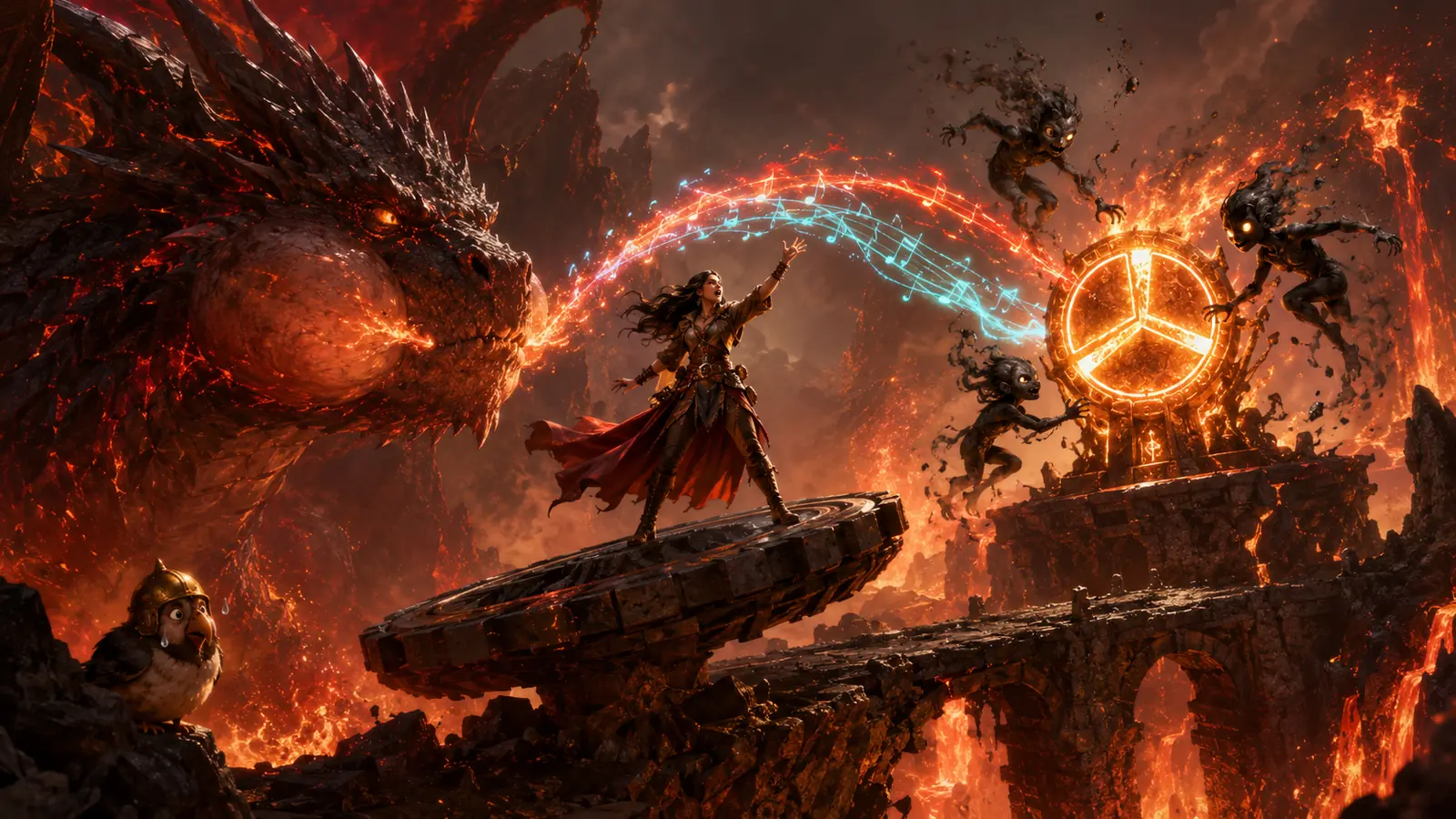 Un dragon des braises retient un souffle incandescent pendant qu'une aventurière déclame une rime face à un sceau volcanique, entourée de trois échos de cendre agités.