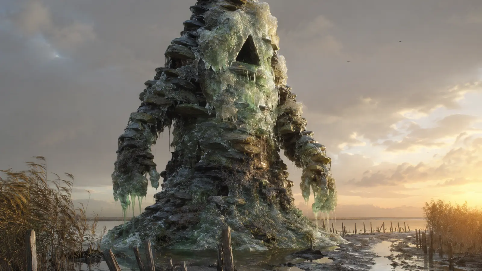 Grand amas vivant de galets, sel translucide et eau saumâtre dressé dans un marais salant au crépuscule.
