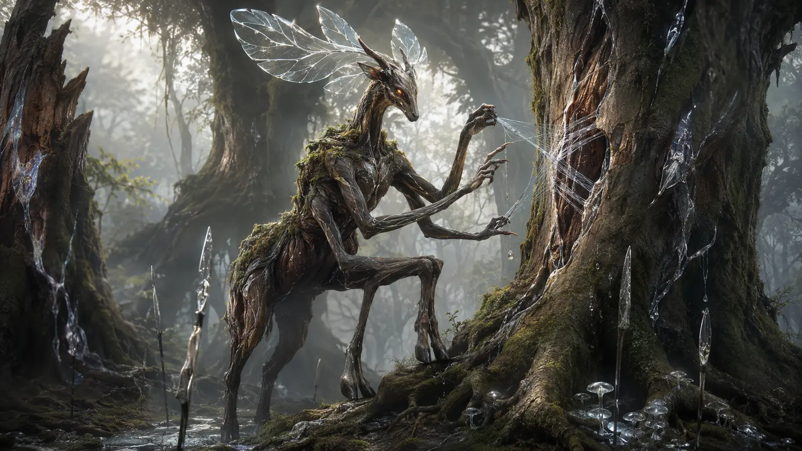 Fée cervide à quatre bras sculptant des fils de brume translucide entre des arbres anciens.