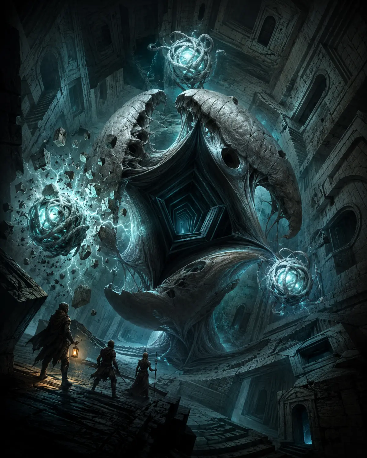 Aberration annulaire morcelée flottant dans une salle dont les murs et le sol se replient autour de coutures spatiales lumineuses.