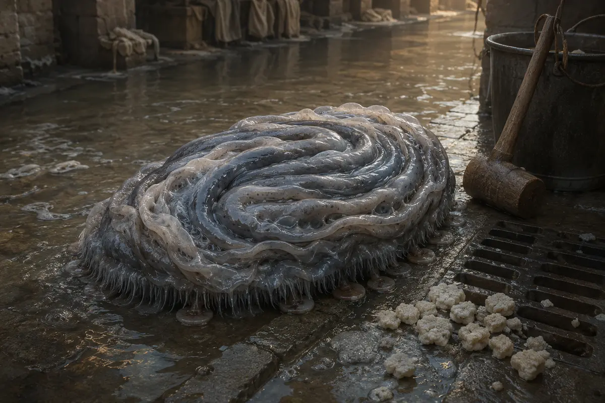 Plisavon gris bleu rampant dans un canal urbain humide, fait de replis charnus et de ventouses, filtrant une eau savonneuse.