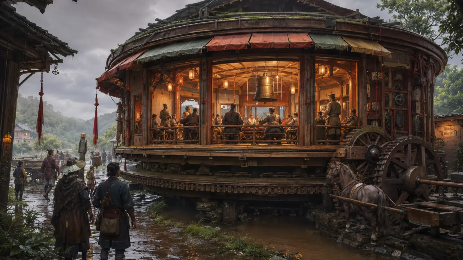 Auberge circulaire de fantasy montée sur une grande roue horizontale, avec voyageurs et canal sous la pluie.