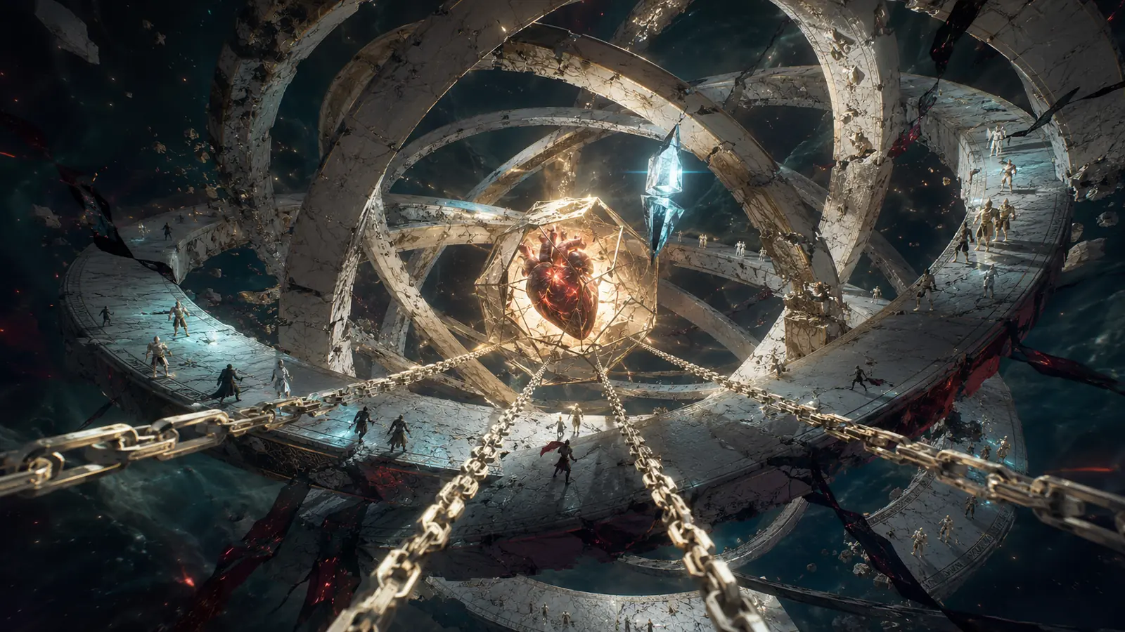 Neuf anneaux de marbre céleste tournent autour d'un cœur lumineux tandis que des aventuriers courent sur des chaînes de lumière aux gravités opposées.