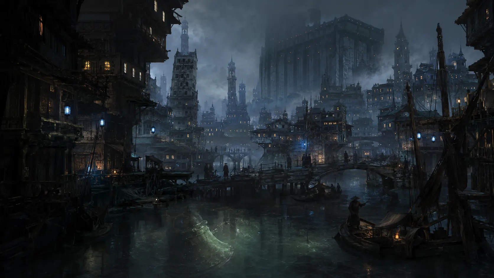 Ville brumeuse traversée par des canaux sombres et des lanternes bleues.