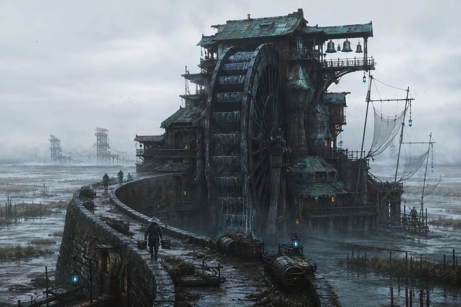 Un moulin à marée penché en cuivre vert-de-gris au bord d'un marais salé, avec une grande roue sombre, des filets de brume et des clochettes muettes sous une lumière froide.