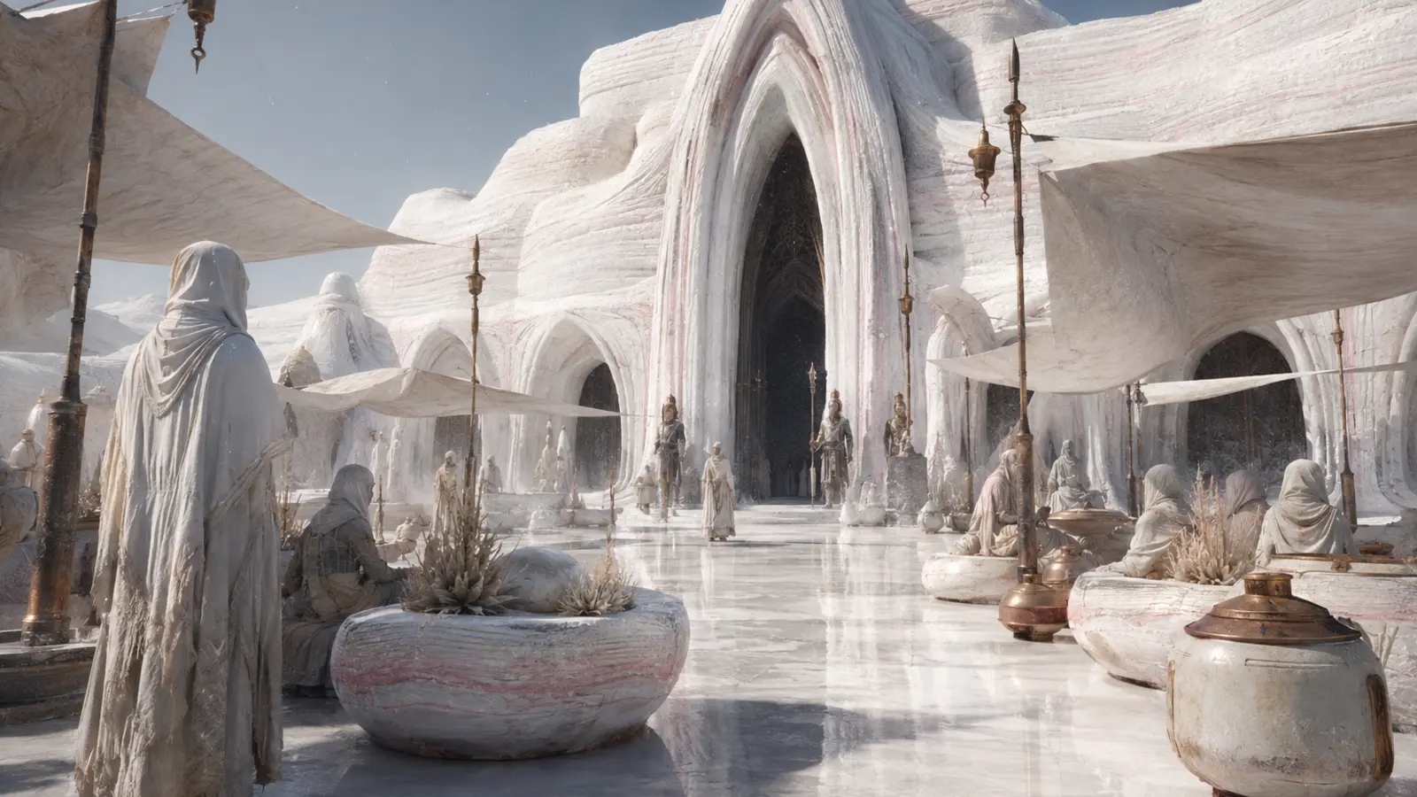 Sanctuaire blanc de sel dans un désert aveuglant, arcades organiques et pèlerins sous des voiles d'ombre.