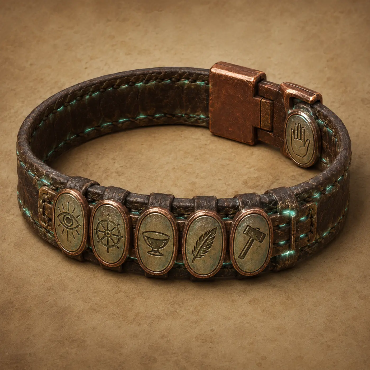 Bracelet de relève en cuir brun huilé, avec jetons de cuivre coulissants gravés de pictogrammes de métier.