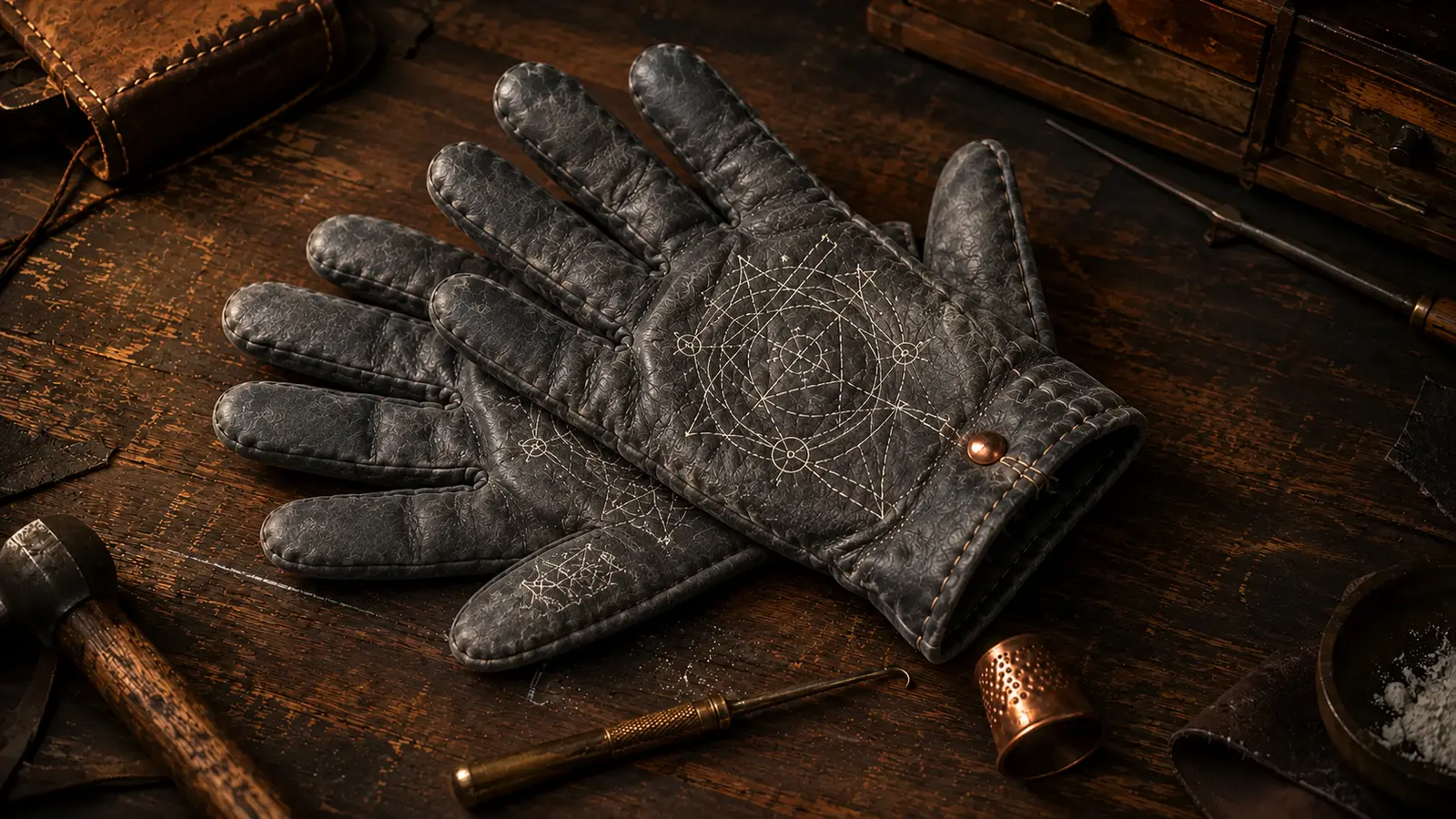Paire de gants gris en cuir souple avec coutures blanches en forme de mains ouvertes et traces de craie sur un établi.