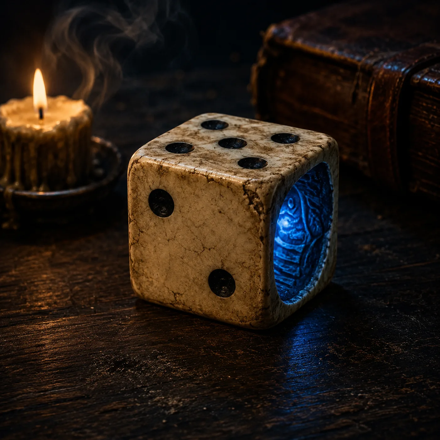 Dé ancien abîmé dont une face ouverte révèle une lueur bleue.