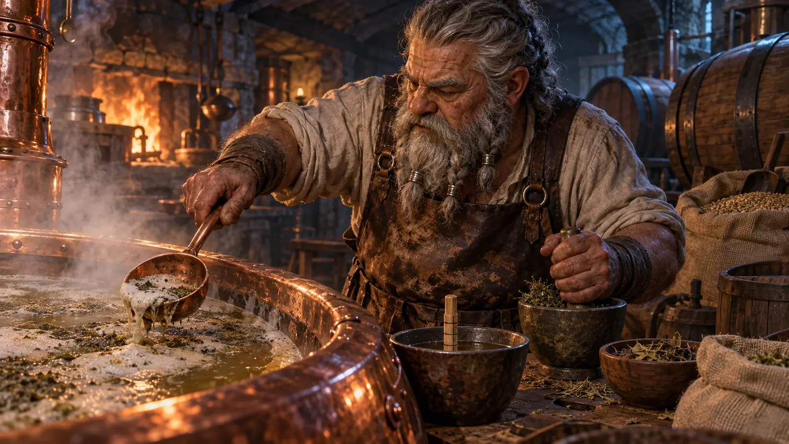 Bram Brokk, brasseur nain, en activité dans son environnement.