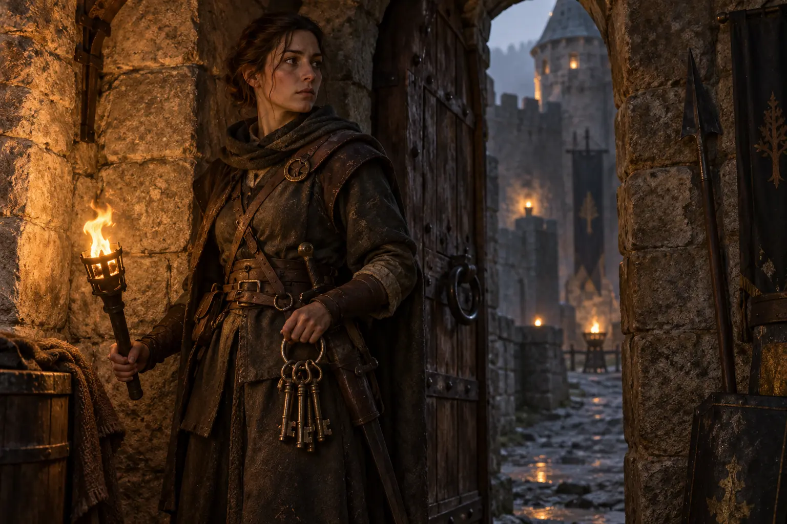 Céliane Grasha, sentinelle du château, dans une poterne de château en pierre, trousseau de clés et torche basse.