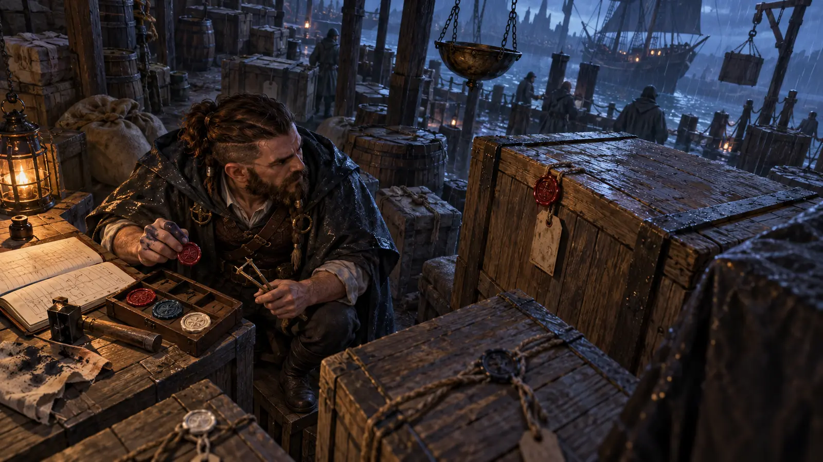 Dagan Khazek, commis de douane nain, en activité dans son environnement.