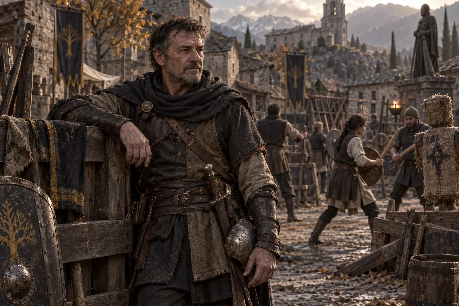 Karel Maurel, vétéran de la milice, dans une place de village où des habitants s’exercent derrière des barricades simples.