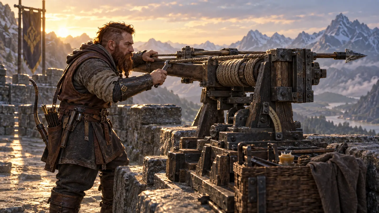 Darvin Brannor, archer de rempart nain, en activité dans son environnement.