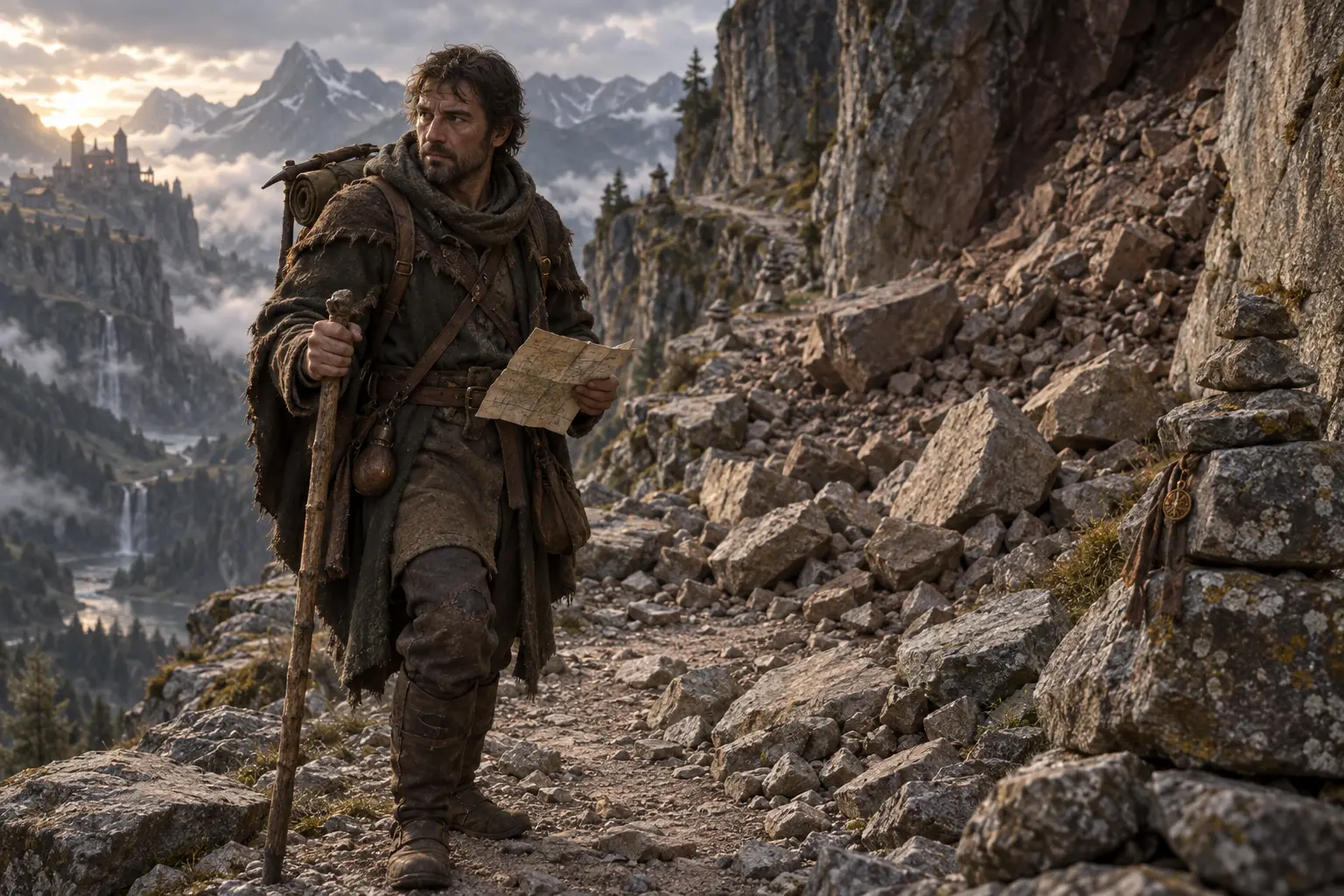 Dimo Sorel, passeur de montagne, dans un sentier de montagne après un petit éboulement, carte pliée et pierres de cairn.