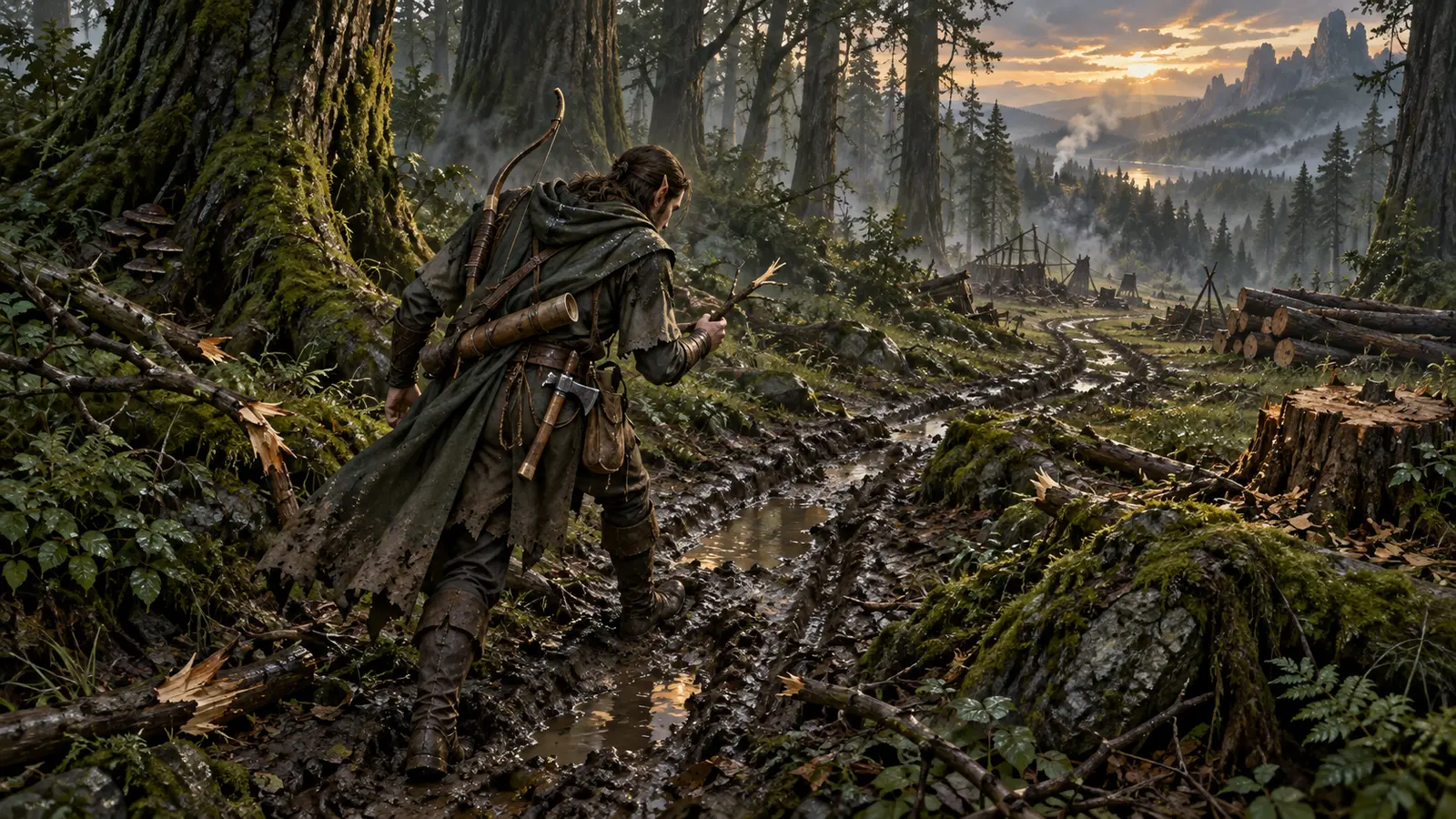 Edrin Aelir, pisteur elfe, en activité dans son environnement.