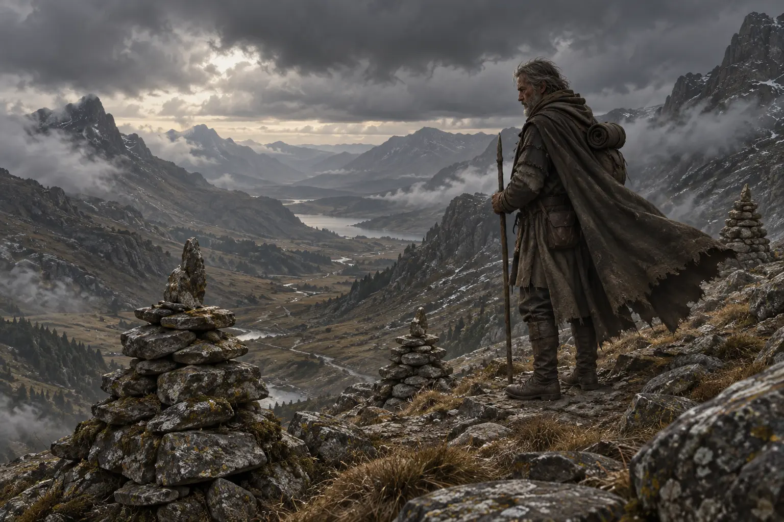 Faron Quenard, veilleur de col, dans un col de montagne sous des nuages lourds, cape battue par le vent et cairns.