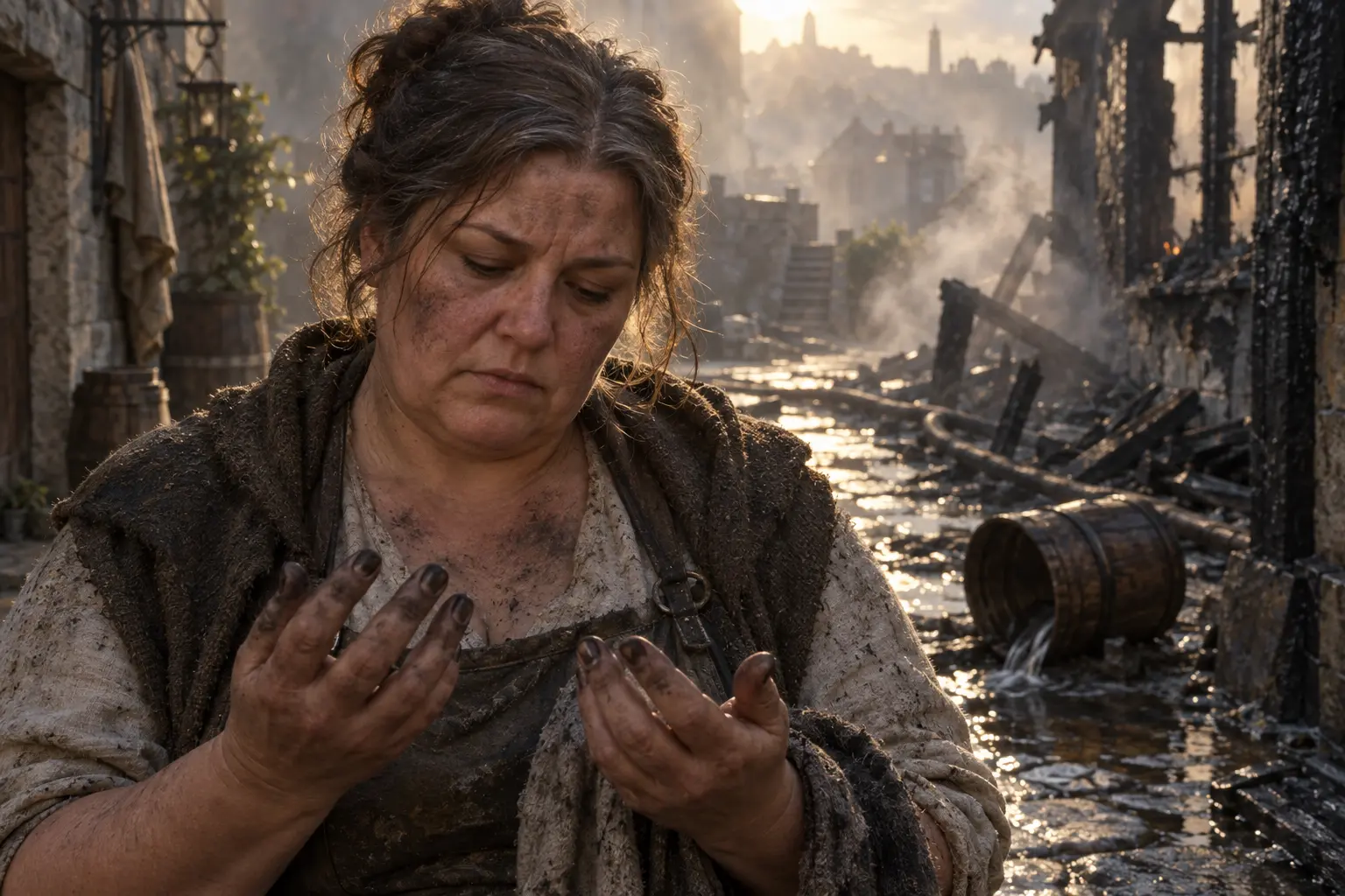 Gaëlle Cormac, témoin d’un incendie, dans une ruelle après un incendie maîtrisé, seau renversé, suie et lumière de matin.