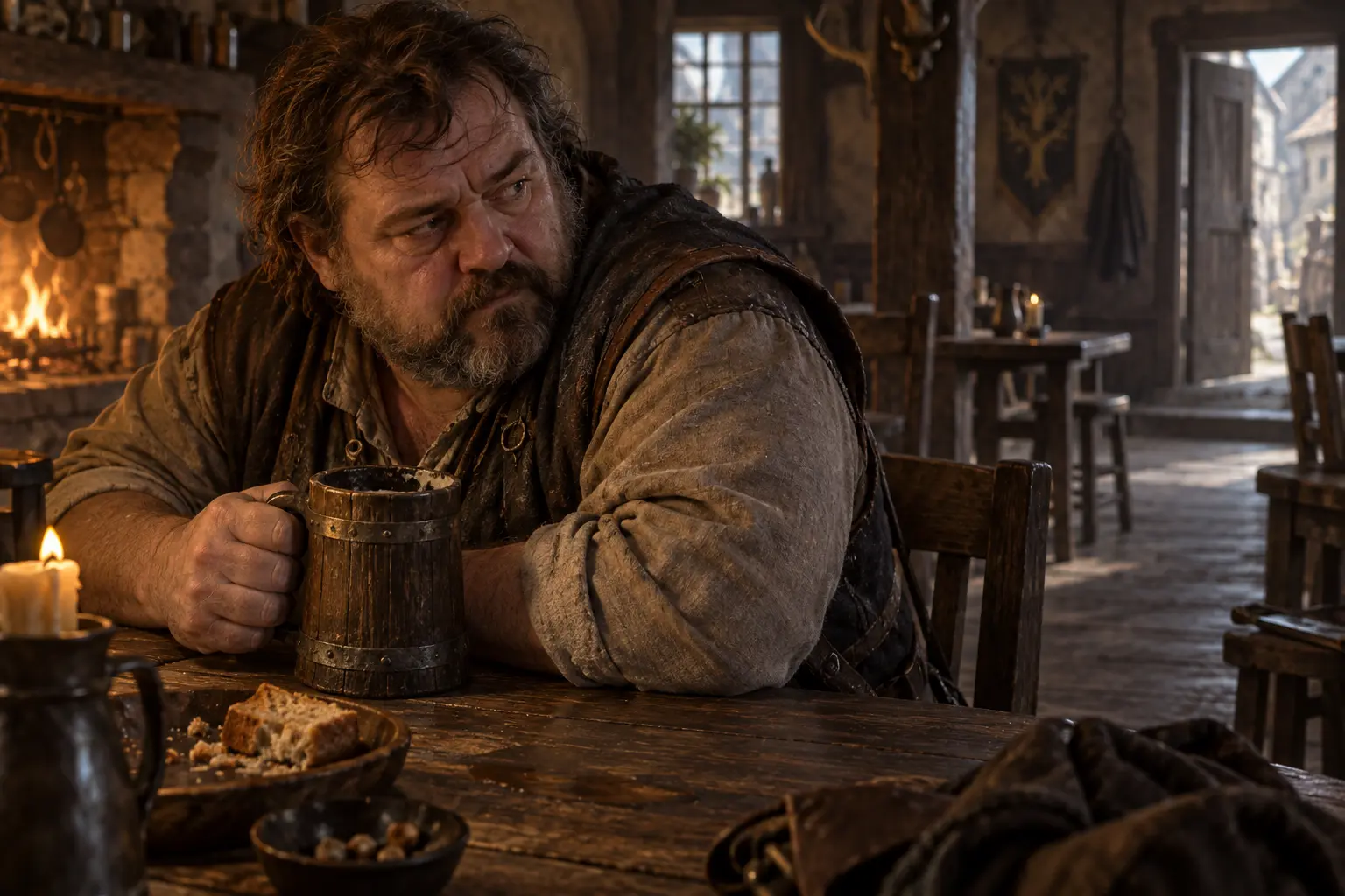 Hugo Gessart, habitué d’une taverne, dans un coin discret de taverne en journée, client ordinaire penché au-dessus d’une chope.