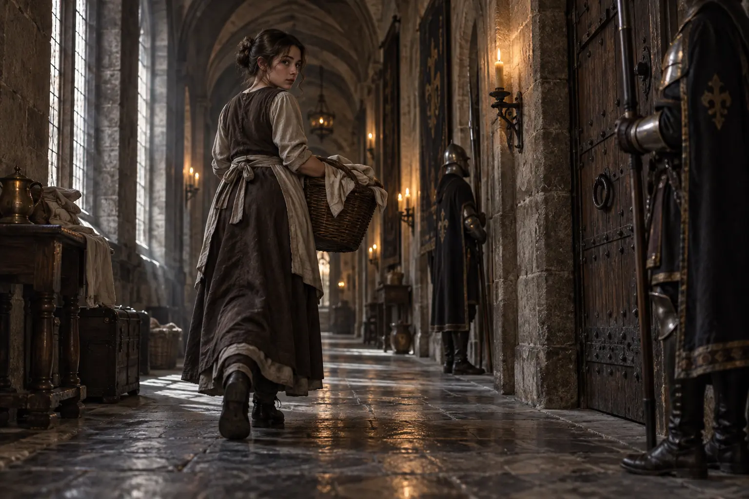 Irma Iverne, servante du château, dans un corridor de service dans un château, panier de linge et portes surveillées.