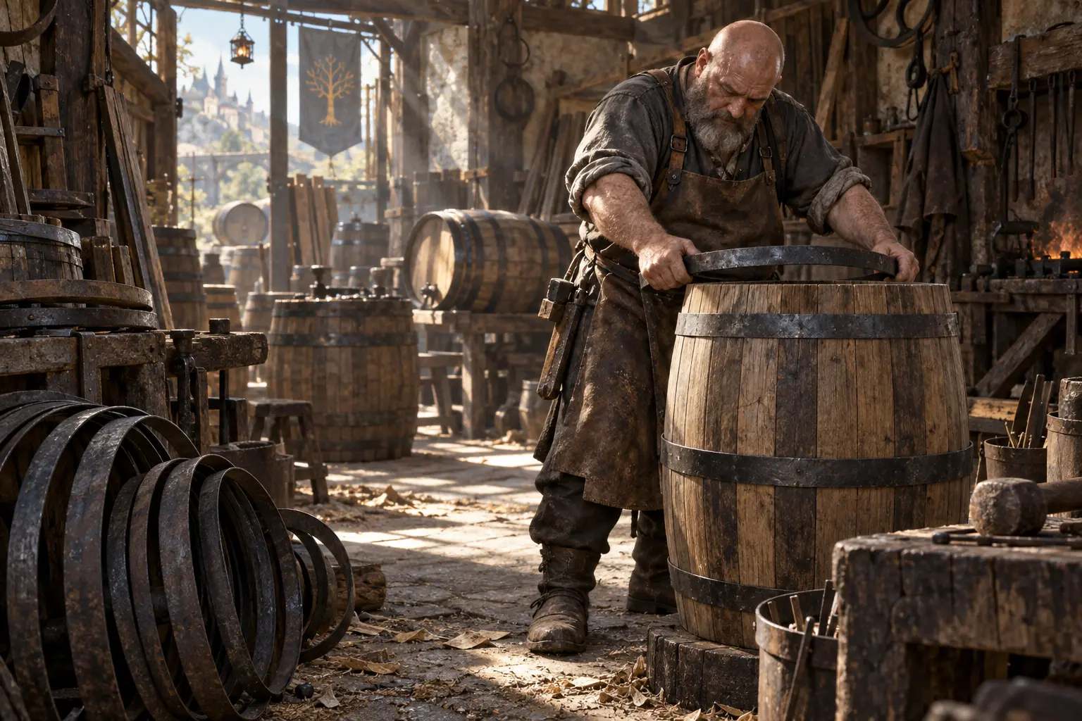 Ivo Kaelis, tonnelier, dans un atelier de tonnelier encombré de cercles de fer et de fûts en bois.
