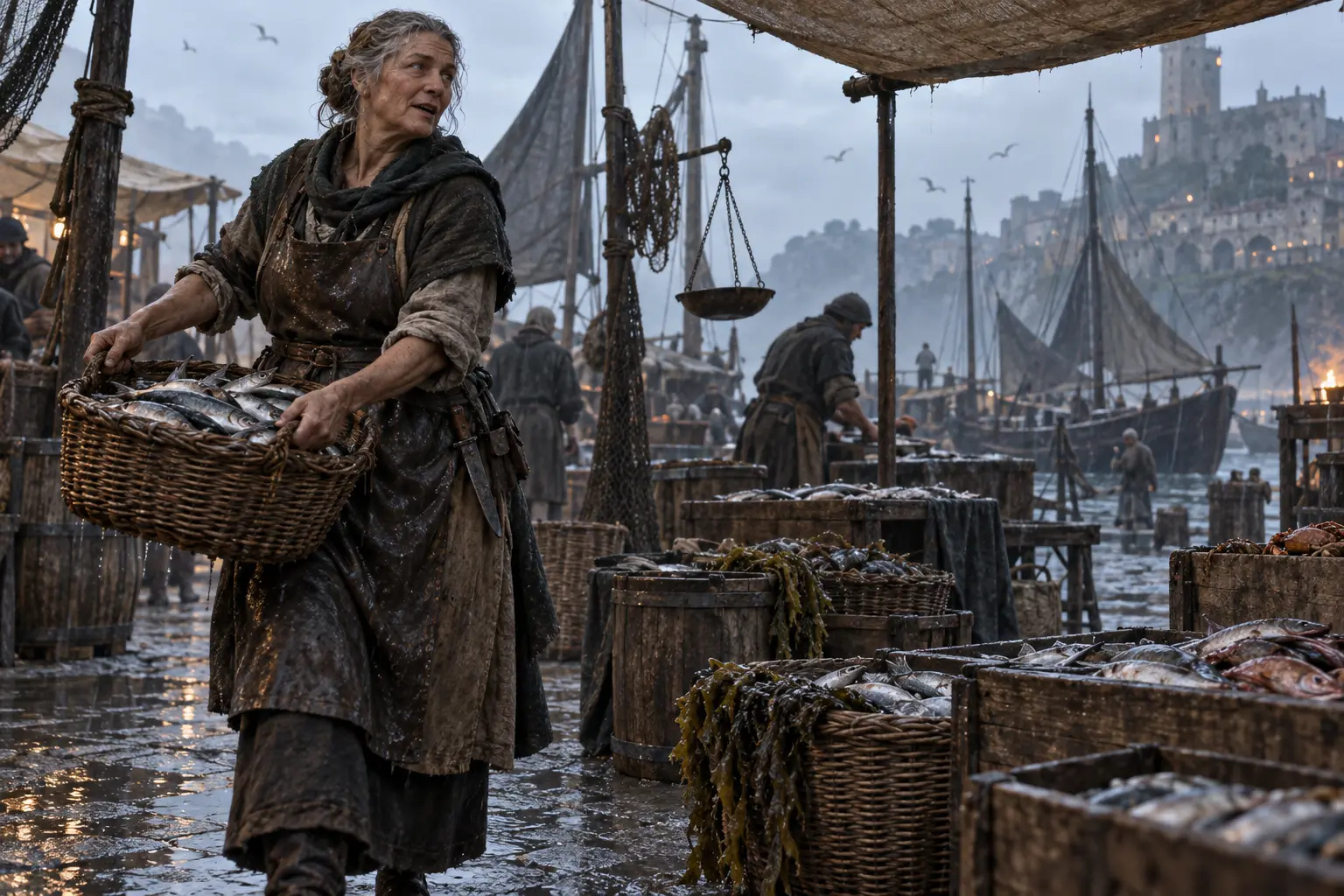 Janna Lormet, marchande de poisson, dans un marché aux poissons sur un quai côtier, paniers, balance et lumière matinale.