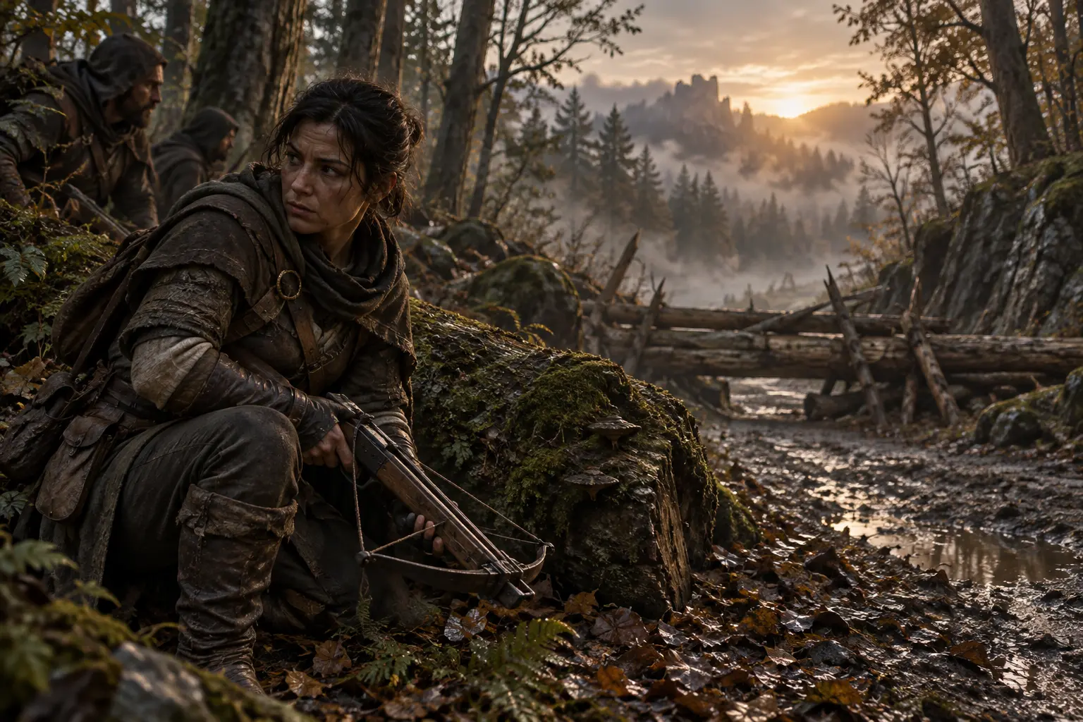 Kara Orsanne, cheffe de trois bandits, dans un chemin forestier étroit barré par quelques troncs, brigande sobre avec arbalète.