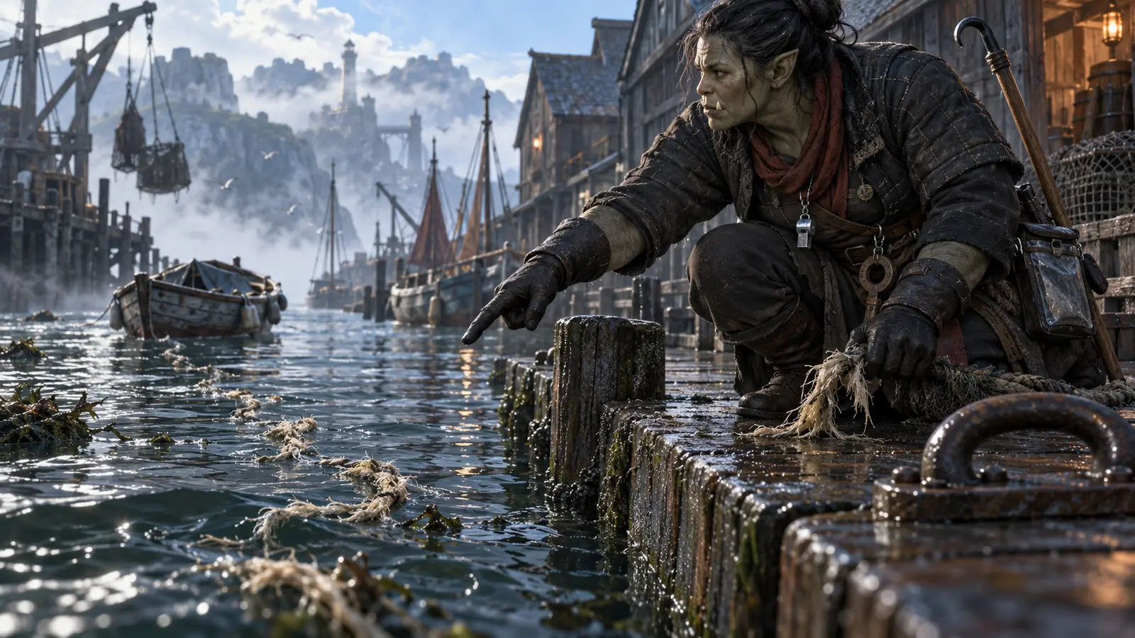 Kesra Azhur, garde de quai orc, en activité dans son environnement.
