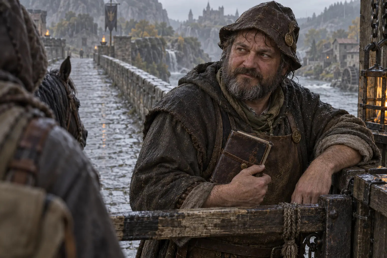 Léon Quirac, péager clandestin, dans un vieux pont de pierre sur une rivière, barrière improvisée et carnet de reçus.