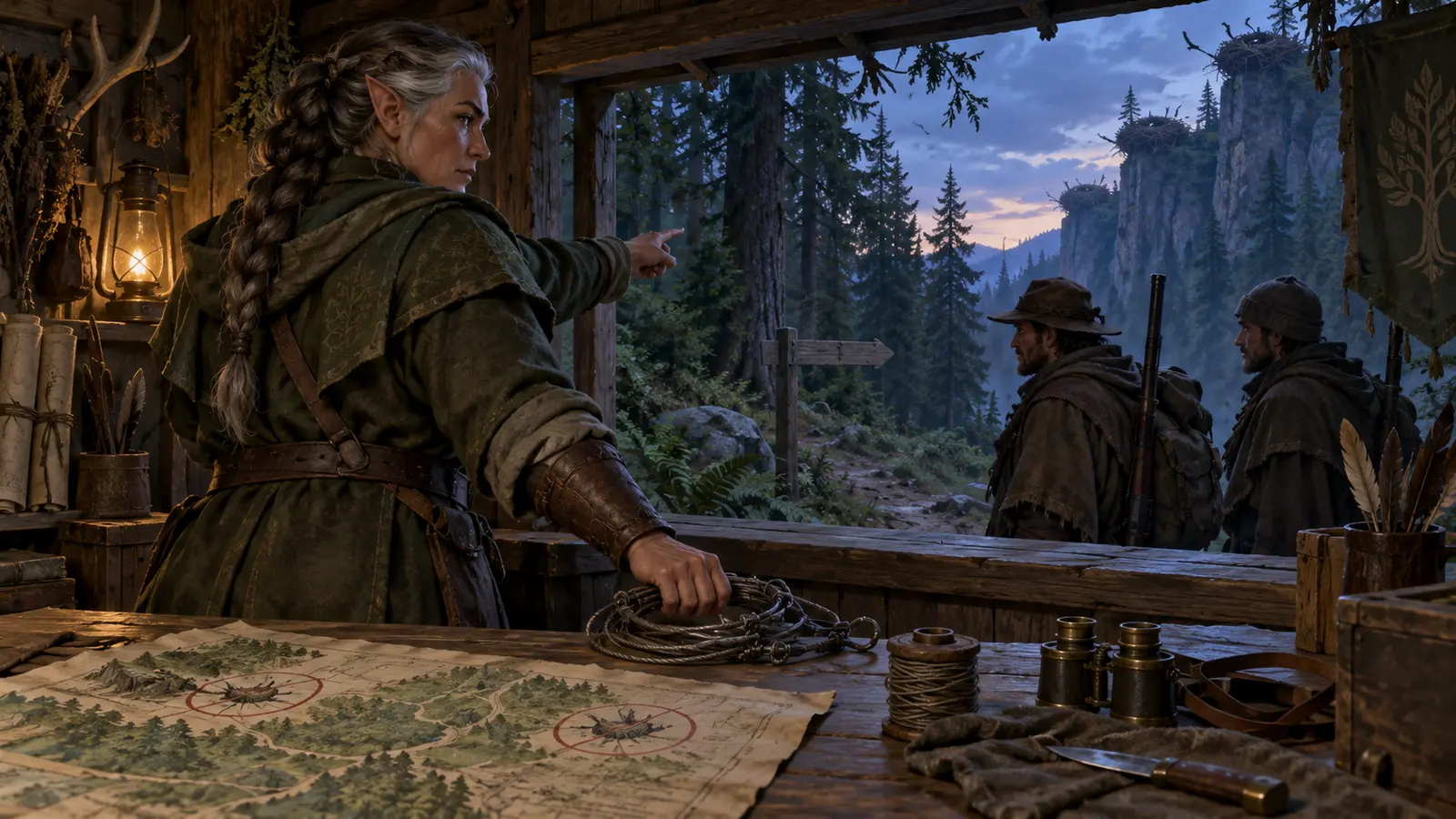 Letha Naevor, garde forestière elfe, en activité dans son environnement.