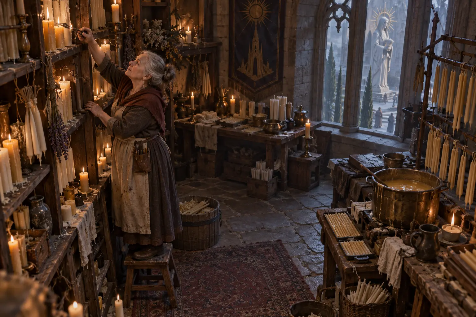 Lise Ormont, cirière, dans une boutique de chandelles près d’un temple, cire chaude et rangées de bougies.