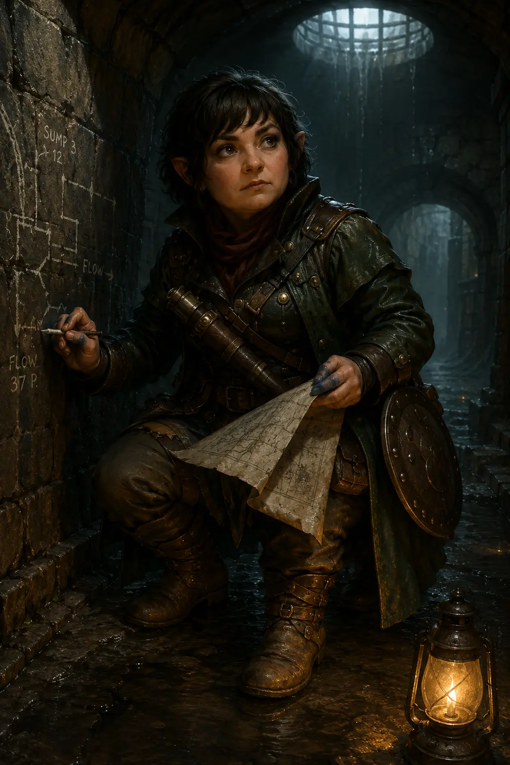 Maelis Vire-Sel, halfelin cartographe des égouts en manteau cire vert, tenant des tubes a cartes et une craie blanche dans un passage humide.