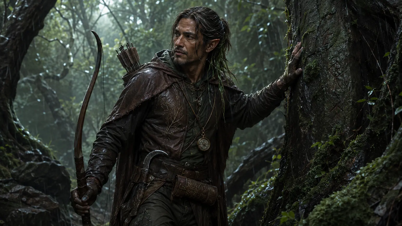 Maelor Feuillemire, passeur demi-elfe en tenue de guide forestier, tenant un arc long et une boussole sans aiguille dans une forêt humide.