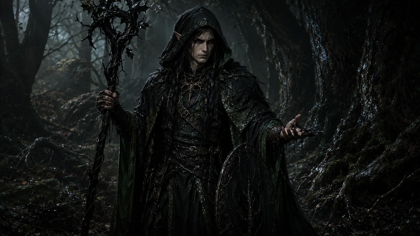 Maëlvor Roncedos, elfe sylvestre en capuche noire et toge noire et vert bouteille, tenant un bâton de houx noir dans une forêt sombre.