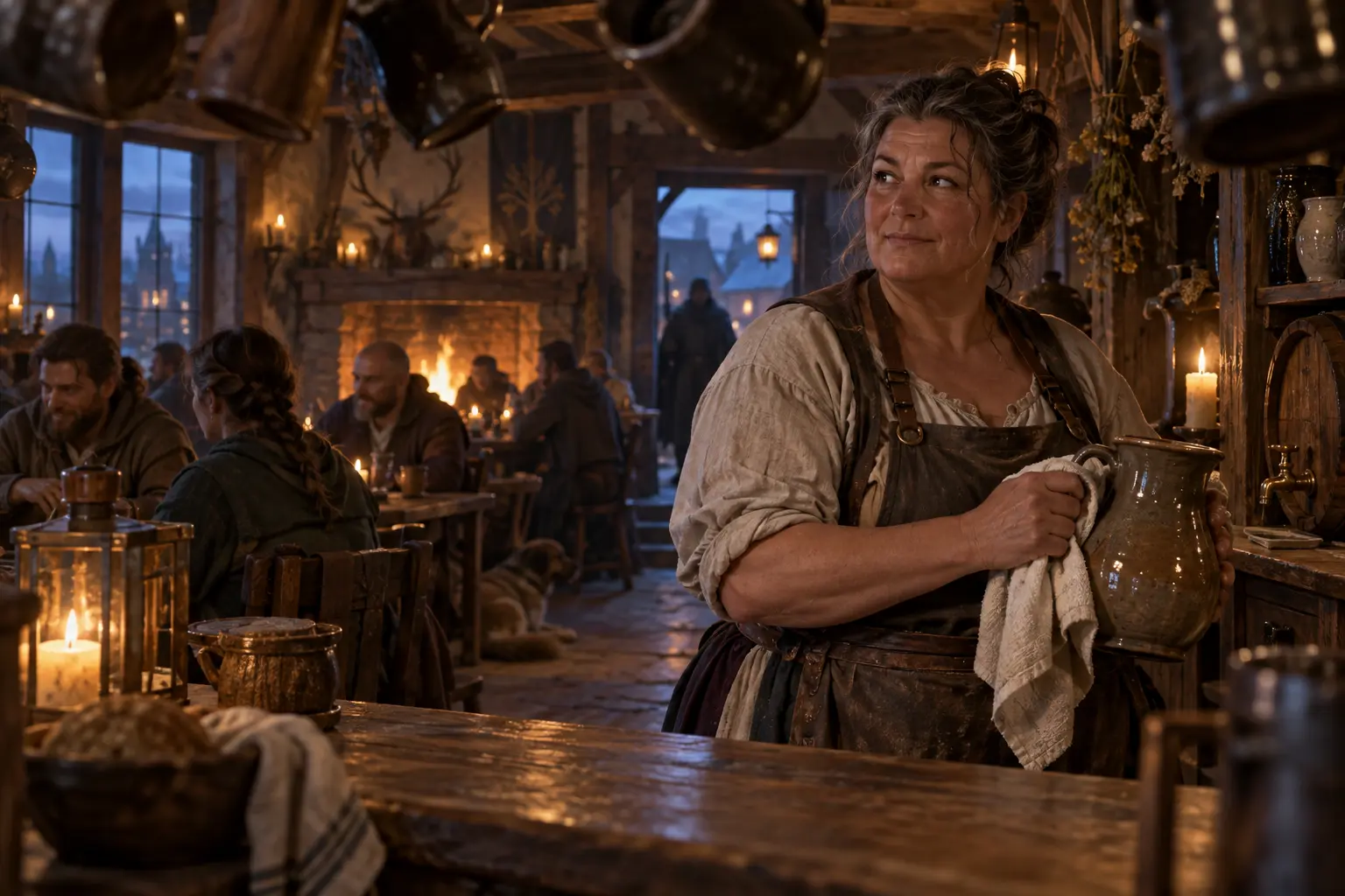 Maro Tervain, aubergiste, dans une salle d’auberge chaleureuse, comptoir de bois et quelques clients ordinaires.