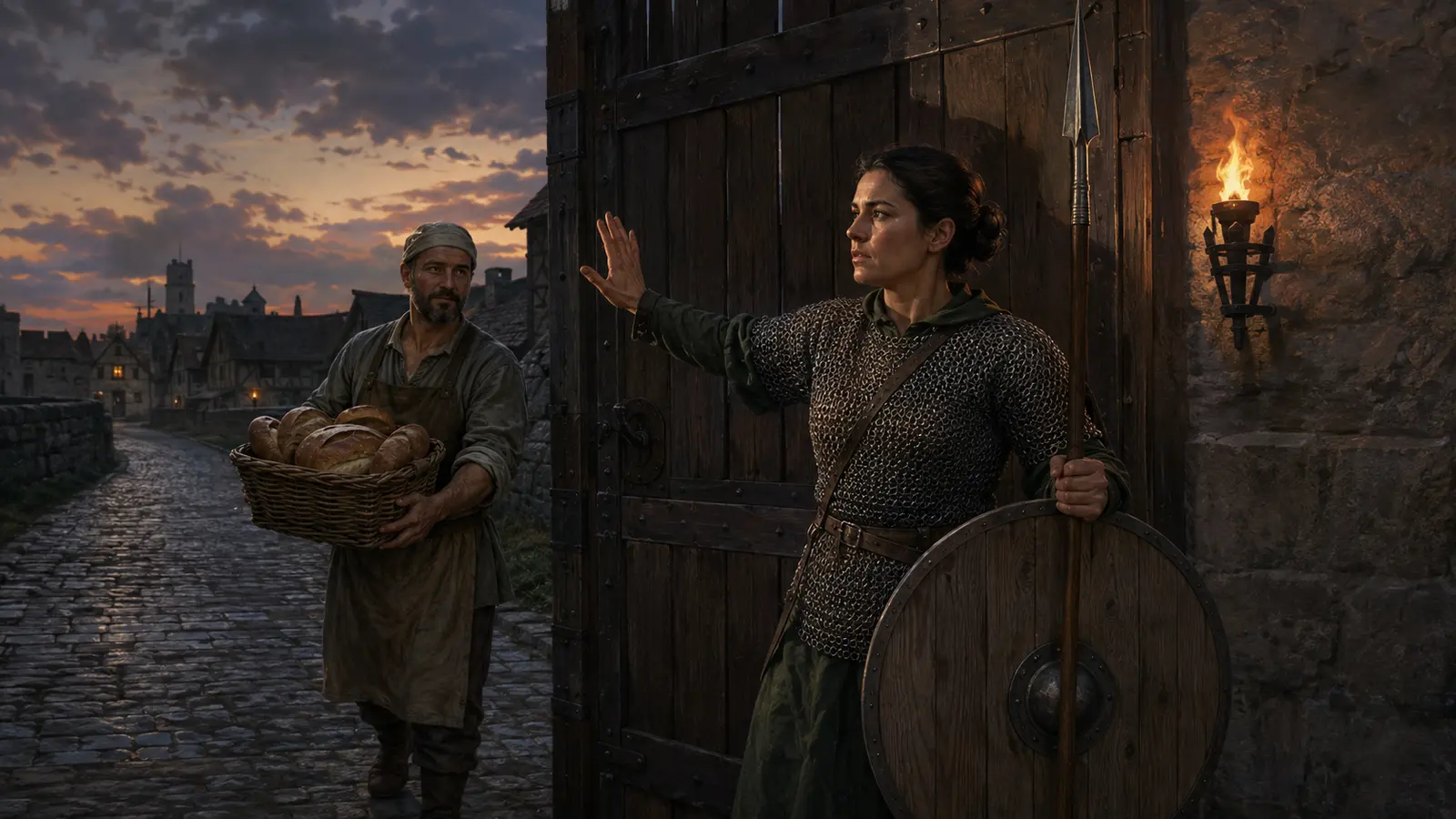 Mila Vaucel, garde humaine en chemise de mailles, compte les arrivants devant la porte d'une petite ville au crépuscule.