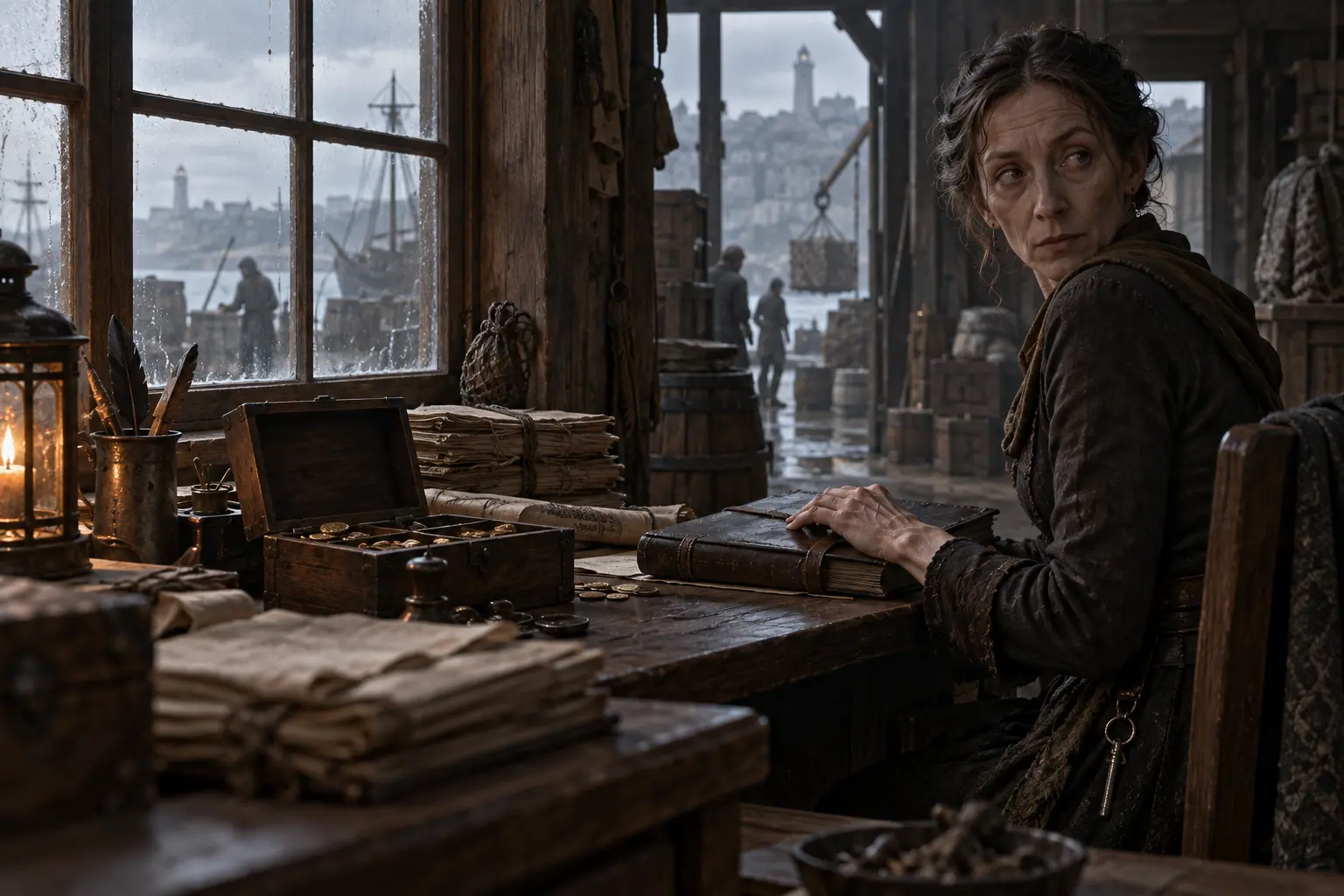 Mina Veris, comptable malhonnête, dans un bureau d’entrepôt côtier, registres, caisse de bois et lumière grise du quai.