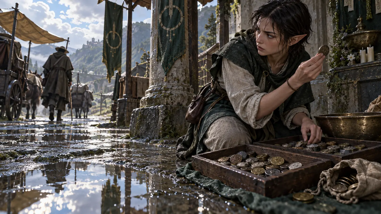 Mirael Lethariel, novice de Tymora elfe, en activité dans son environnement.