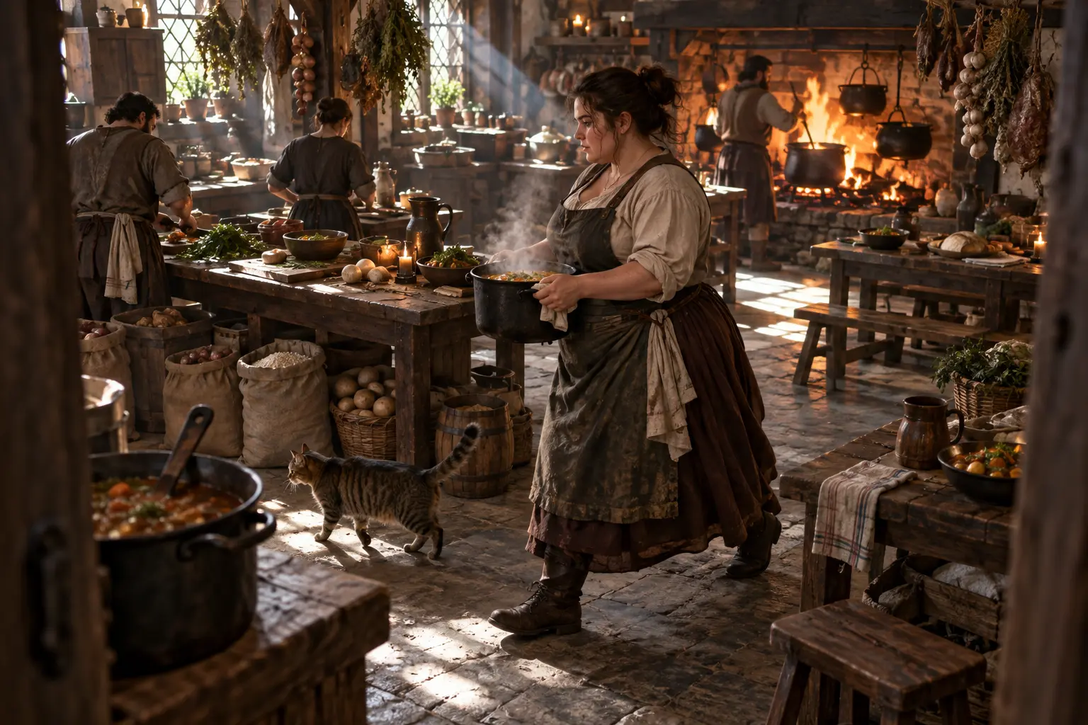 Nessa Bérald, cuisinière d’auberge, dans une cuisine d’auberge animée, marmites simples, sacs de denrées et feu naturel.