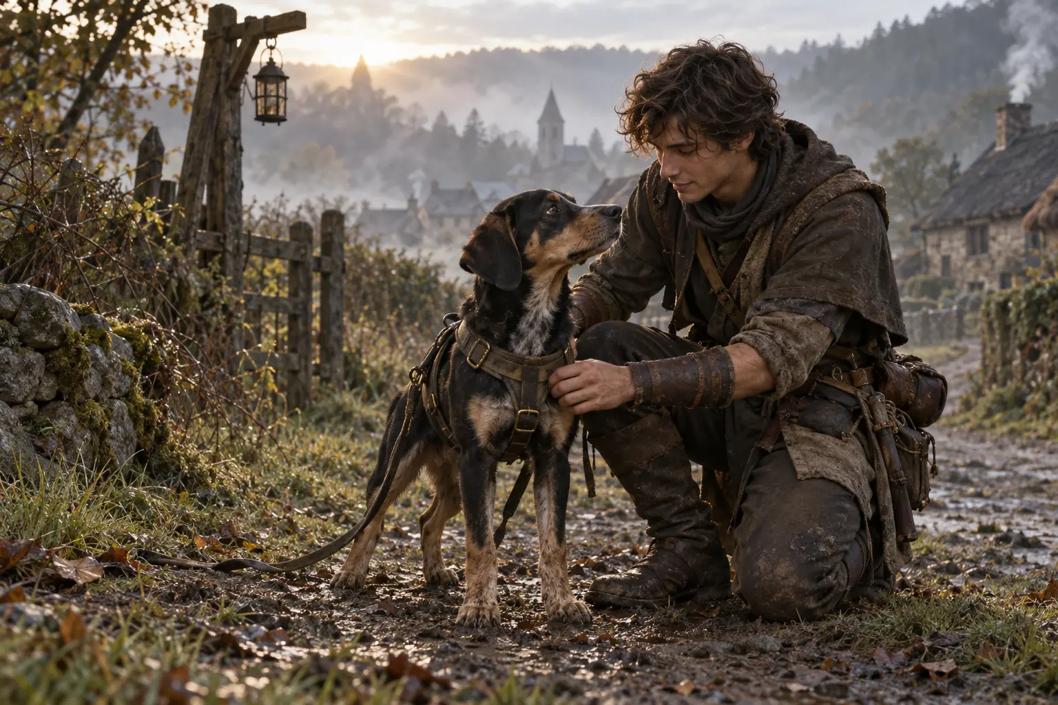 Nolann Dervan, dresseur de chiens de recherche, dans la lisière d’un village, dresseur calme avec un jeune chien en harnais de piste.