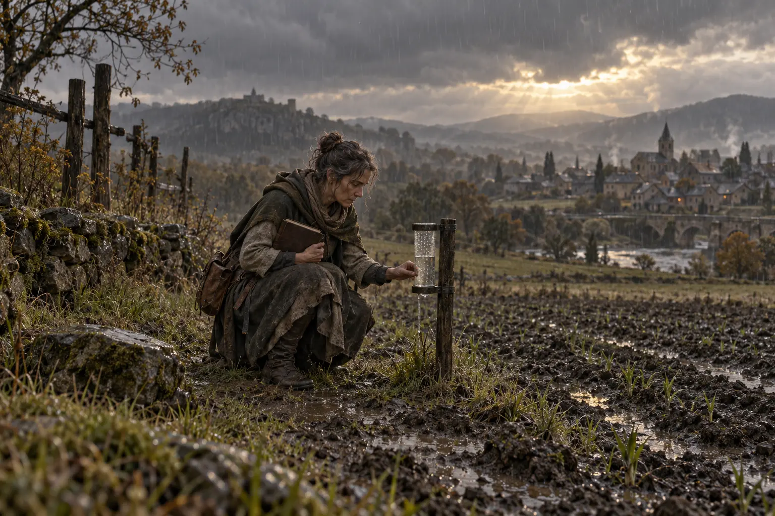 Olympe Faucre, gardienne du pluviomètre communal, dans un champ près d’un village sous un ciel couvert, jauge de pluie simple et carnet.