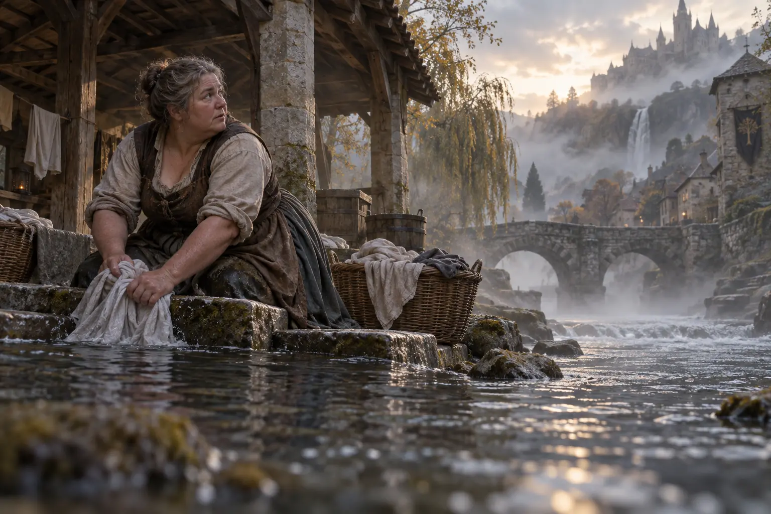Péline Iskar, lavandière, dans un lavoir de village près d’une rivière, paniers de linge et matin brumeux.