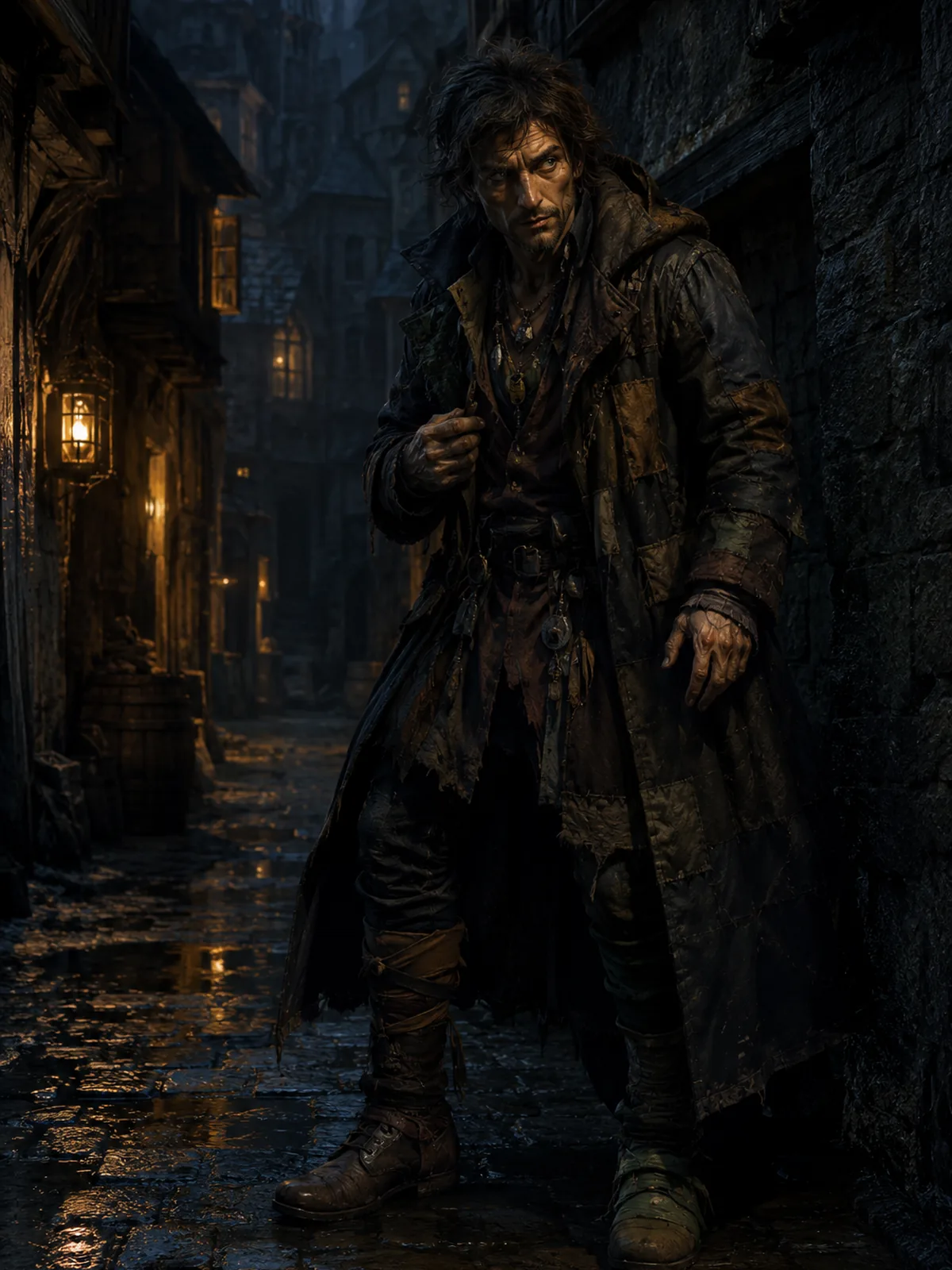 Portrait de Nilo le Minuscule, voleur nerveux dans une ruelle sombre.