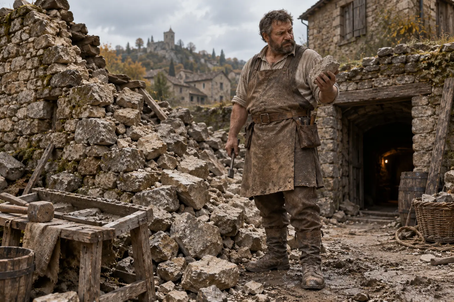 Quentin Jorvan, maçon du hameau, dans un mur de pierre effondré dans un hameau, outils de maçon et ouverture de cave.