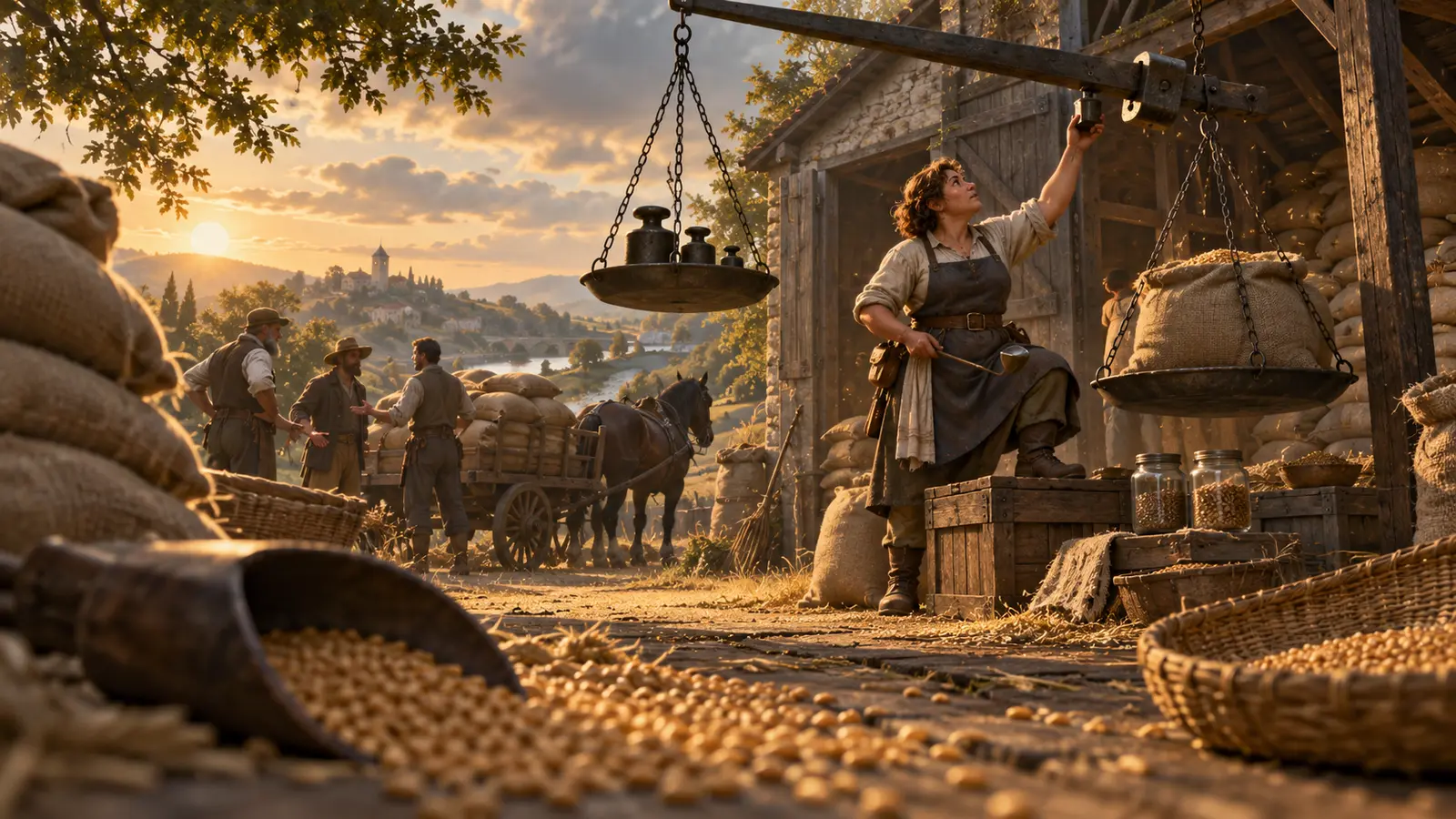 Pippa Bramble, marchande de grains halfelin, en activité dans son environnement.