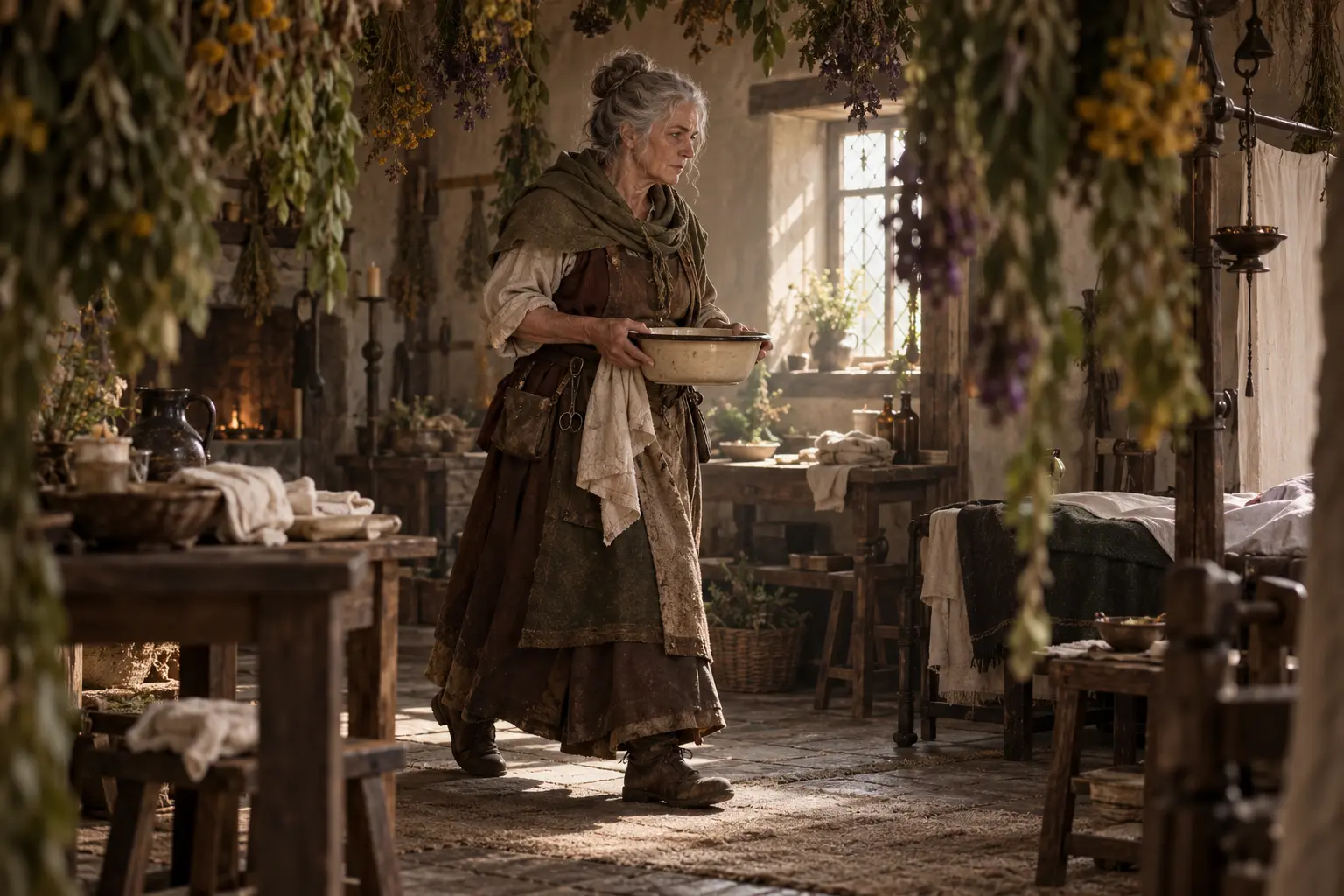 Tilda Rémond, soigneuse du sanctuaire, dans un petit sanctuaire rural servant d’infirmerie, herbes suspendues et lumière du jour.
