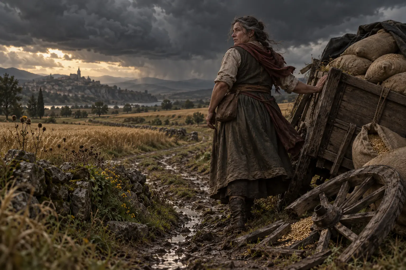 Vanna Calac, cultivatrice, dans un chemin entre des champs avant la pluie, charrette penchée et sacs de grain.
